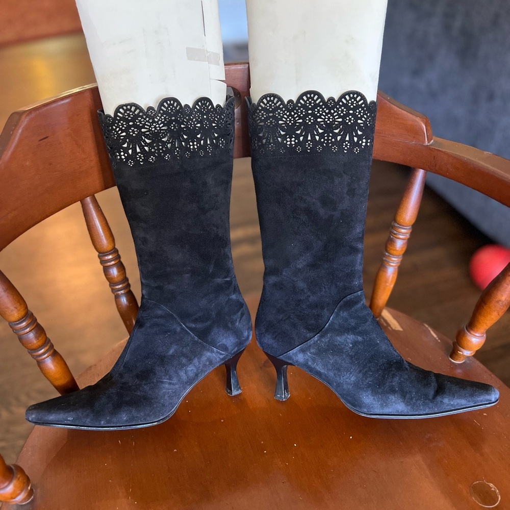 Italian Black Suede Laser-Cut Heeled Boots – Size 36.5 (6.5 US) – Made in Italy